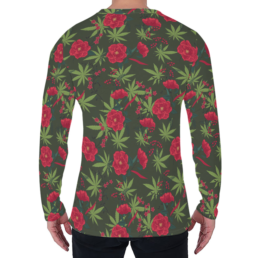 Hemp Leaves And Flowers Pattern Print Men's Long Sleeve T-Shirt