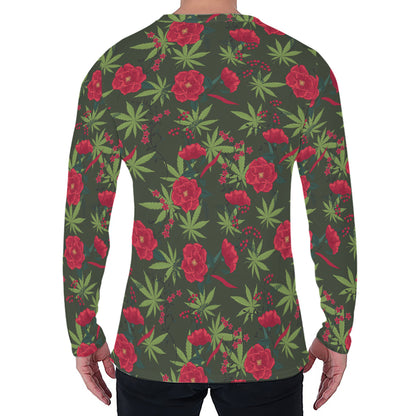 Hemp Leaves And Flowers Pattern Print Men's Long Sleeve T-Shirt