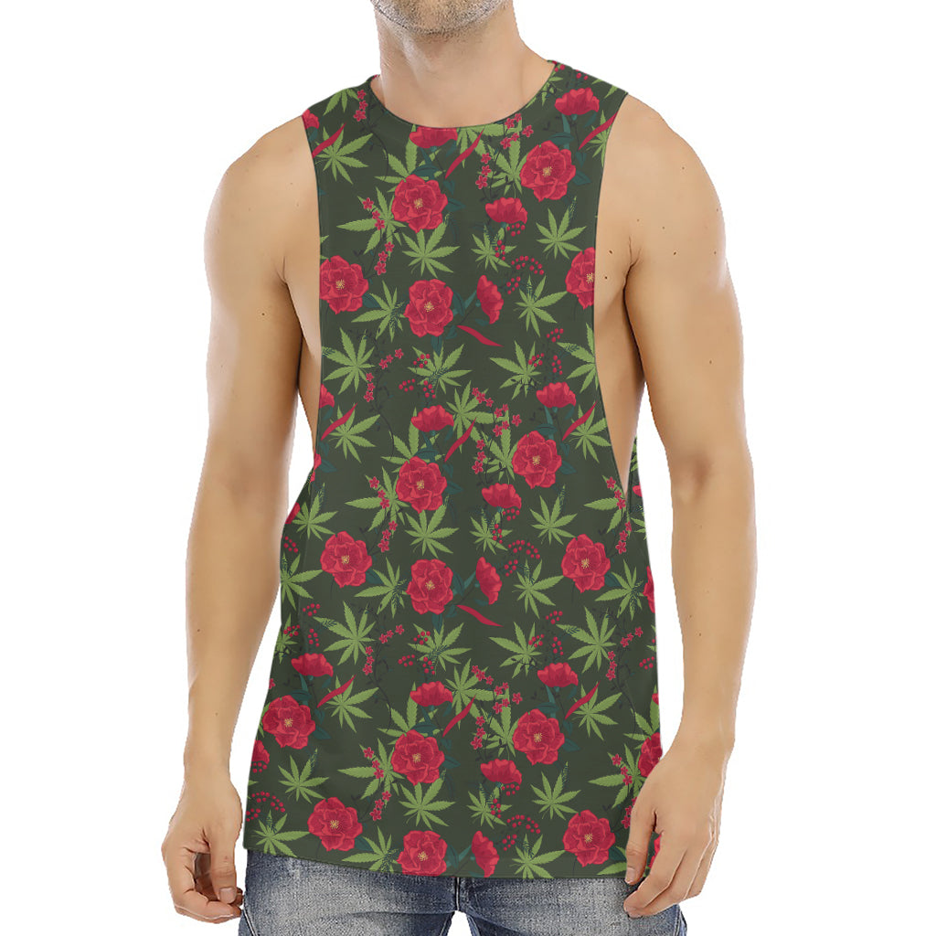 Hemp Leaves And Flowers Pattern Print Men's Muscle Tank Top