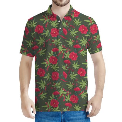 Hemp Leaves And Flowers Pattern Print Men's Polo Shirt