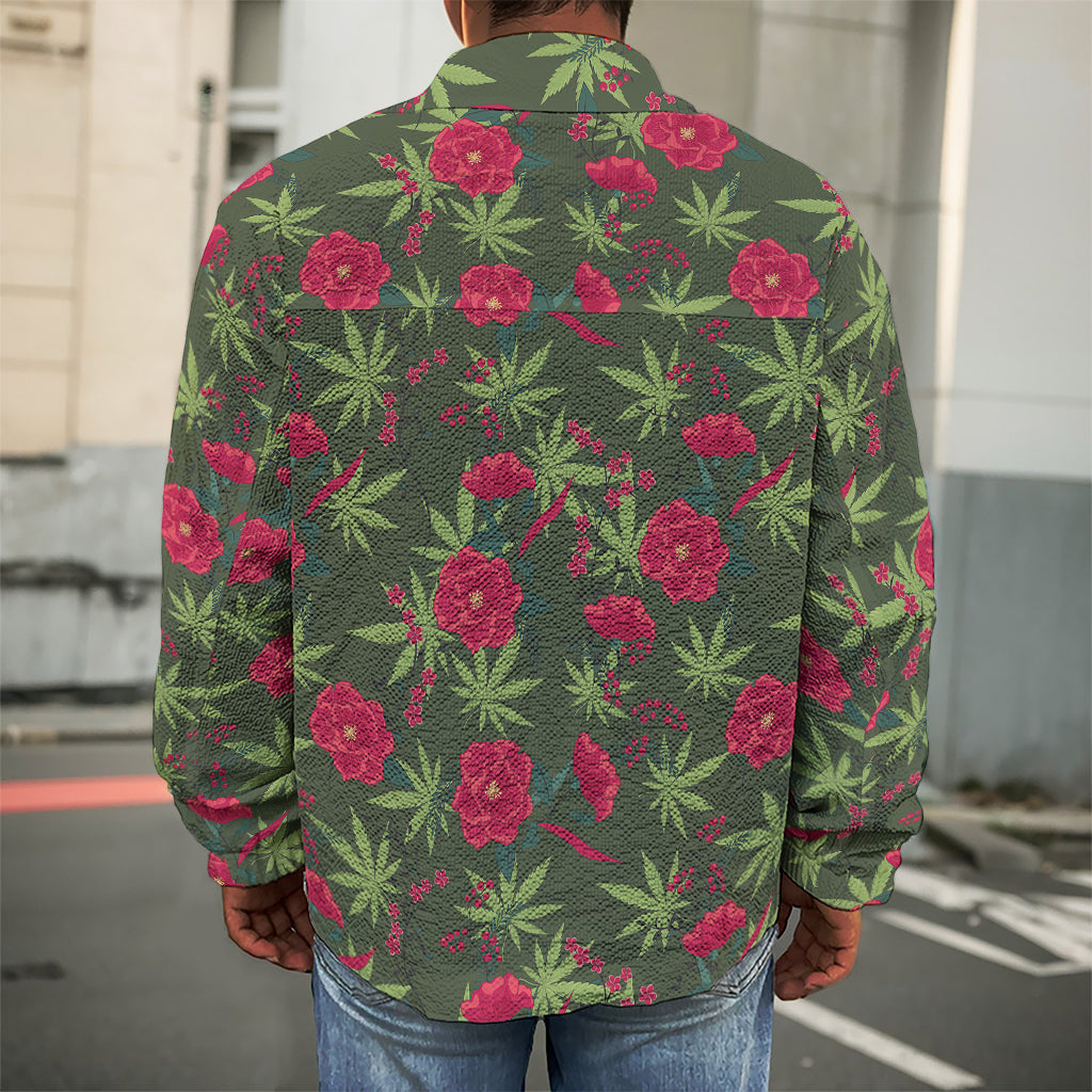Hemp Leaves And Flowers Pattern Print Men's Shirt Jacket