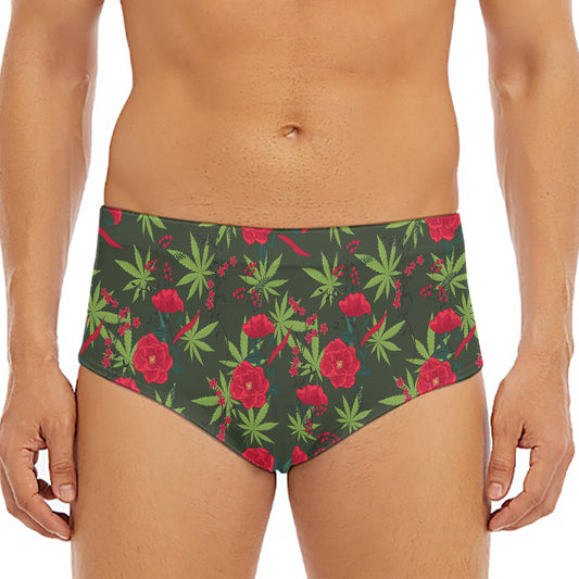 Hemp Leaves And Flowers Pattern Print Men's Triangle Swim Briefs