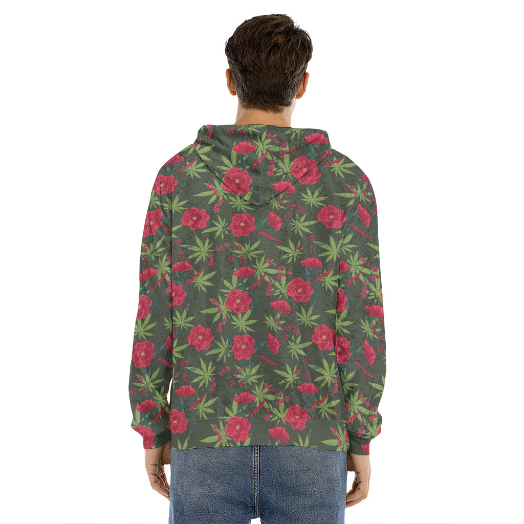 Hemp Leaves And Flowers Pattern Print Men's Velvet Pullover Hoodie