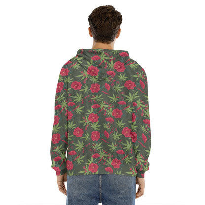 Hemp Leaves And Flowers Pattern Print Men's Velvet Pullover Hoodie