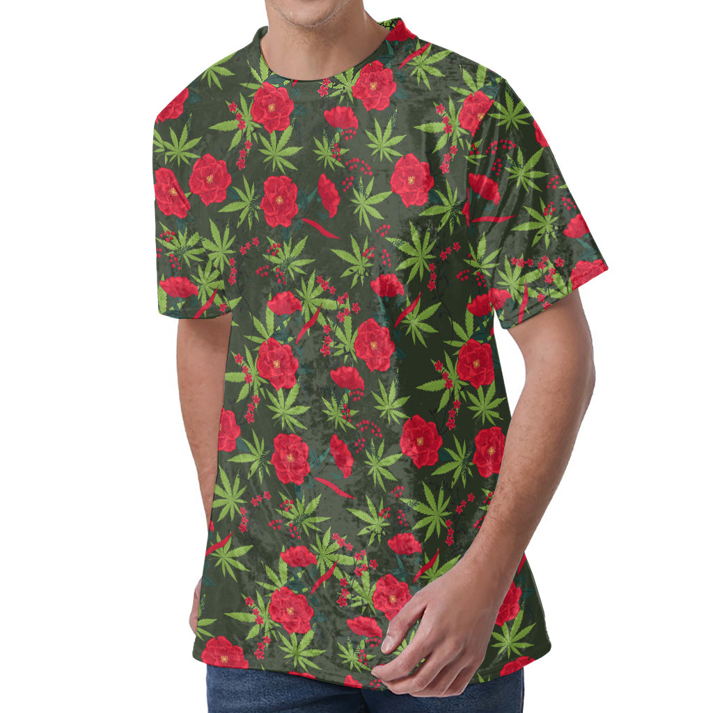 Hemp Leaves And Flowers Pattern Print Men's Velvet T-Shirt