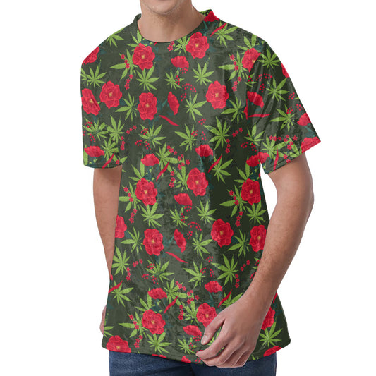 Hemp Leaves And Flowers Pattern Print Men's Velvet T-Shirt