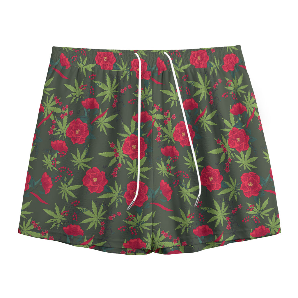 Hemp Leaves And Flowers Pattern Print Mesh Shorts