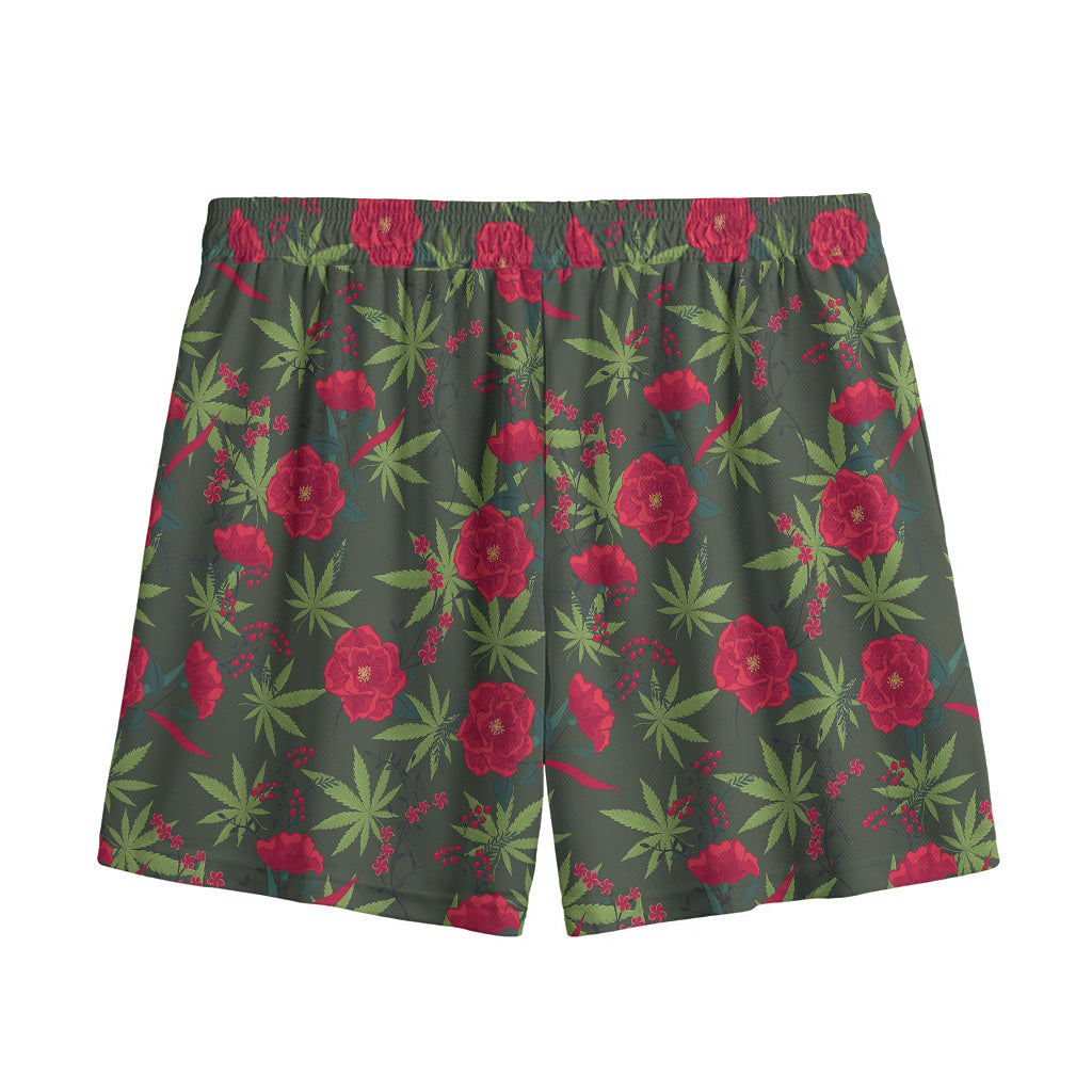 Hemp Leaves And Flowers Pattern Print Mesh Shorts