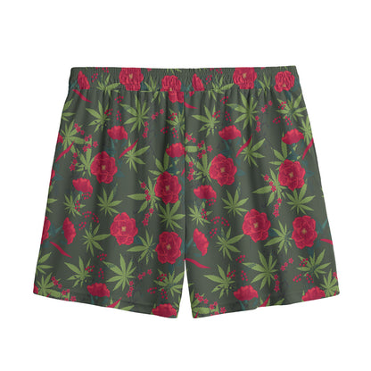 Hemp Leaves And Flowers Pattern Print Mesh Shorts