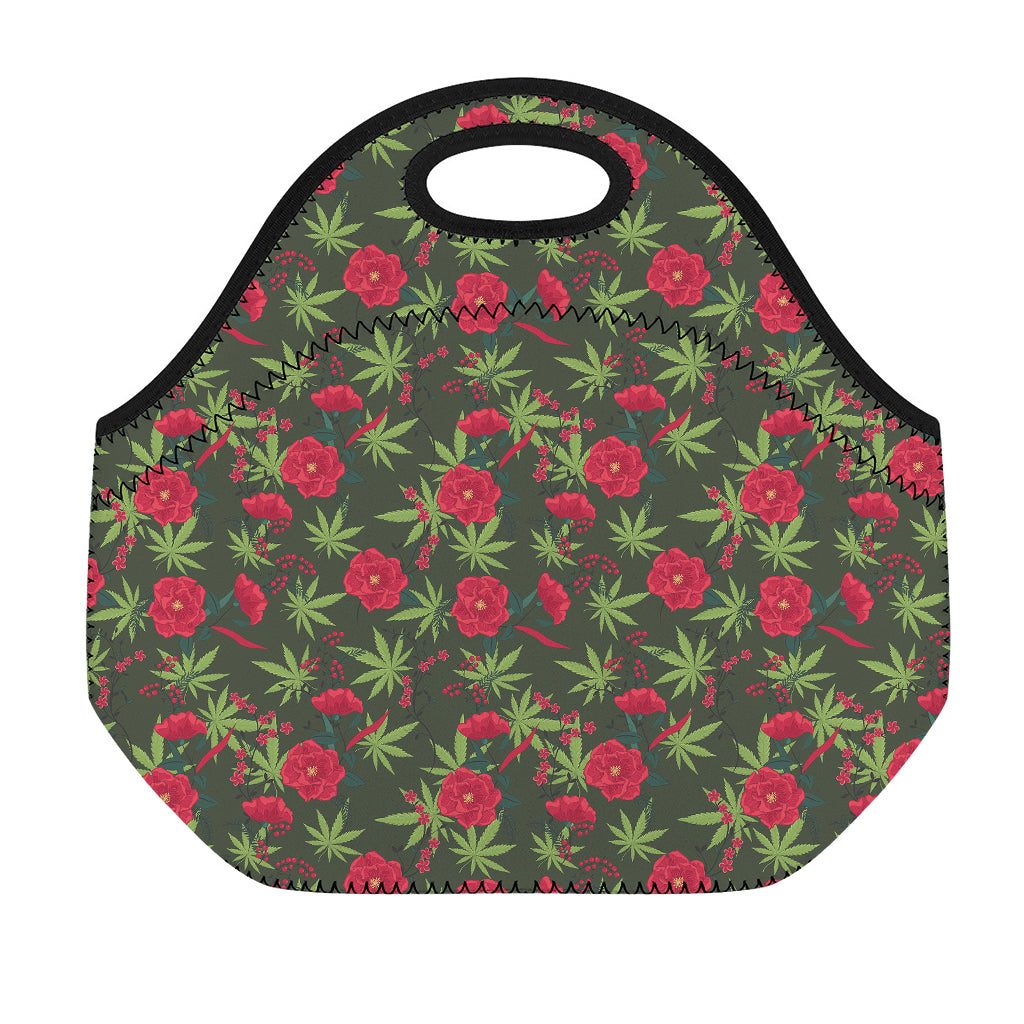 Hemp Leaves And Flowers Pattern Print Neoprene Lunch Bag