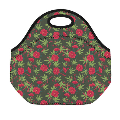 Hemp Leaves And Flowers Pattern Print Neoprene Lunch Bag