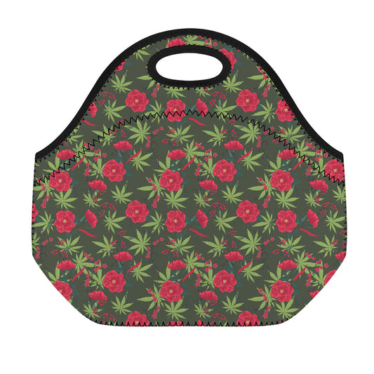 Hemp Leaves And Flowers Pattern Print Neoprene Lunch Bag
