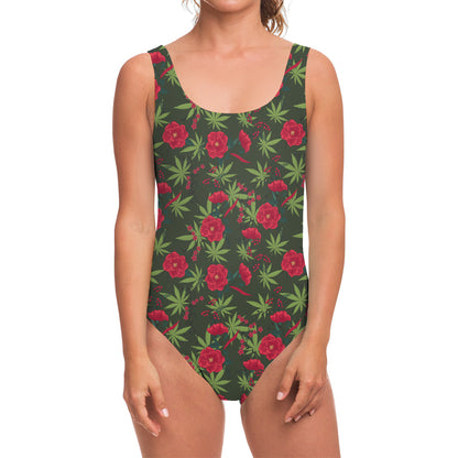 Hemp Leaves And Flowers Pattern Print One Piece Swimsuit