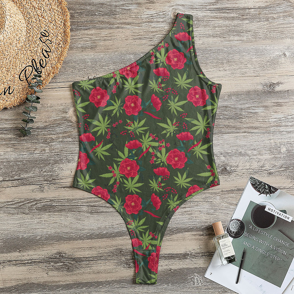 Hemp Leaves And Flowers Pattern Print One Shoulder Bodysuit