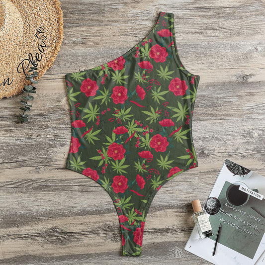 Hemp Leaves And Flowers Pattern Print One Shoulder Bodysuit