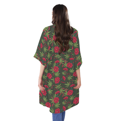 Hemp Leaves And Flowers Pattern Print Open Front Beach Cover Up