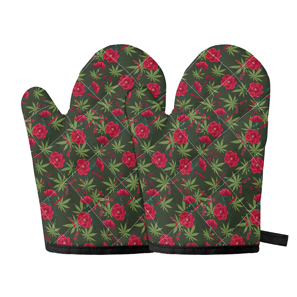 Hemp Leaves And Flowers Pattern Print Oven Mitts