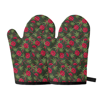 Hemp Leaves And Flowers Pattern Print Oven Mitts