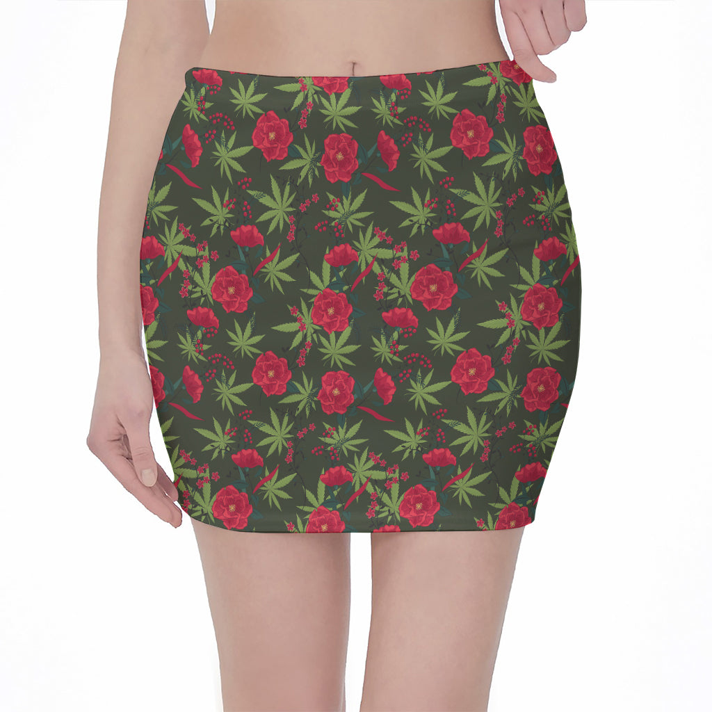 Hemp Leaves And Flowers Pattern Print Pencil Mini Skirt