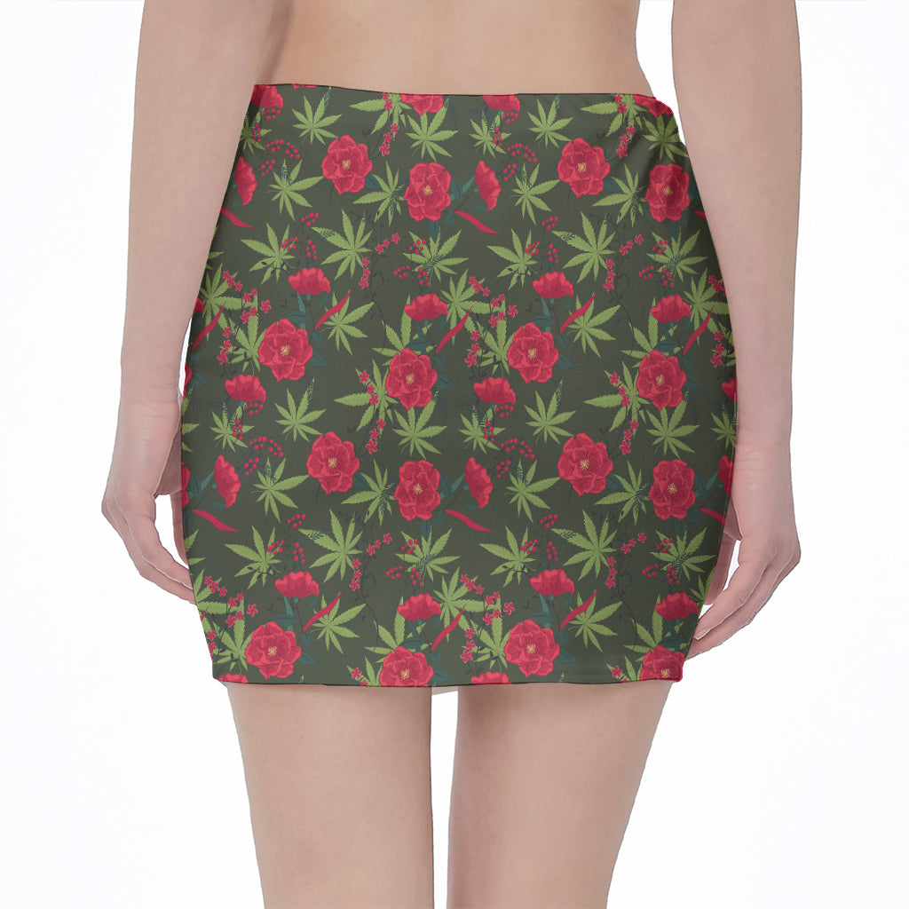 Hemp Leaves And Flowers Pattern Print Pencil Mini Skirt