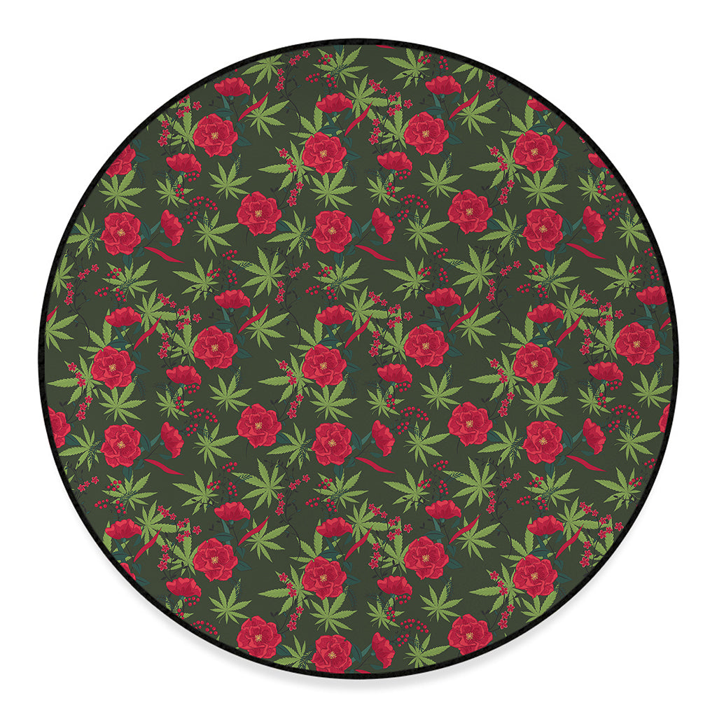 Hemp Leaves And Flowers Pattern Print Round Floor Mat