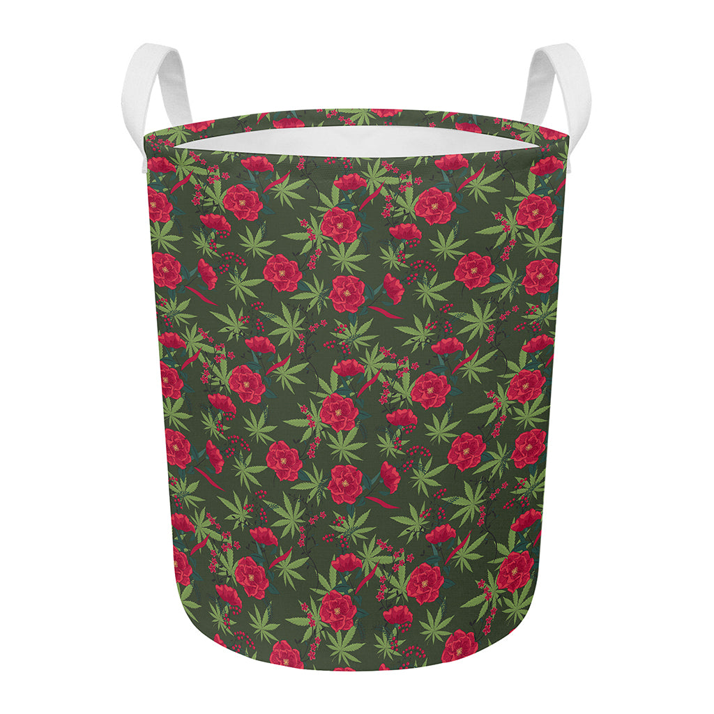Hemp Leaves And Flowers Pattern Print Round Laundry Basket