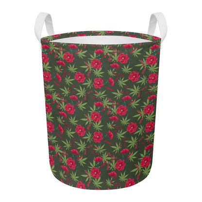 Hemp Leaves And Flowers Pattern Print Round Laundry Basket
