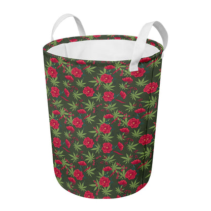 Hemp Leaves And Flowers Pattern Print Round Laundry Basket