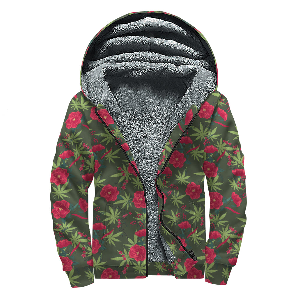 Hemp Leaves And Flowers Pattern Print Sherpa Lined Zip Up Hoodie