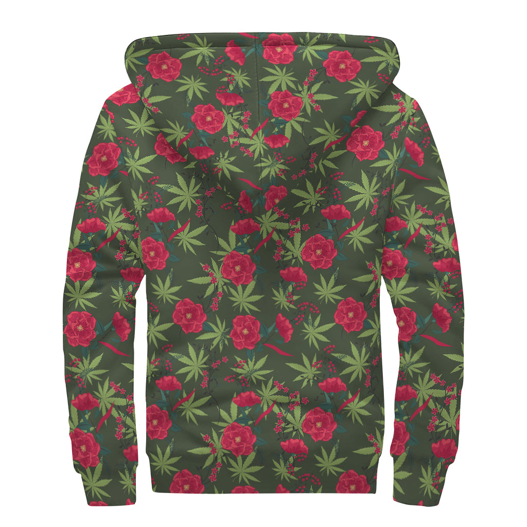 Hemp Leaves And Flowers Pattern Print Sherpa Lined Zip Up Hoodie