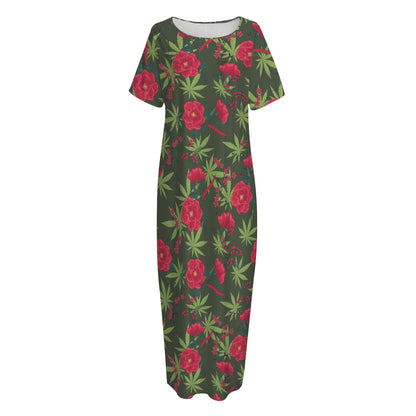 Hemp Leaves And Flowers Pattern Print Short Sleeve Long Nightdress
