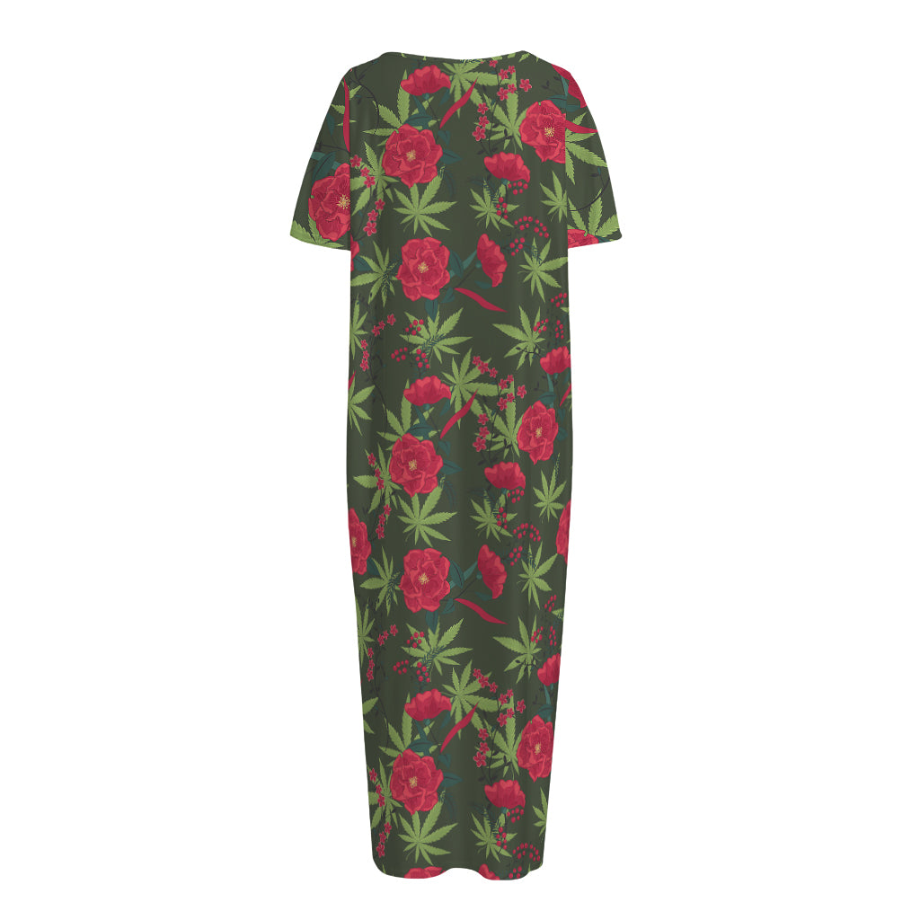 Hemp Leaves And Flowers Pattern Print Short Sleeve Long Nightdress