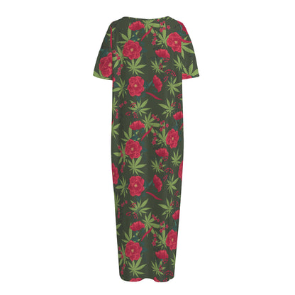 Hemp Leaves And Flowers Pattern Print Short Sleeve Long Nightdress