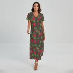 Hemp Leaves And Flowers Pattern Print Short Sleeve Maxi Dress