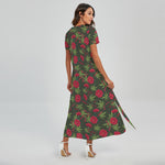 Hemp Leaves And Flowers Pattern Print Short Sleeve Maxi Dress