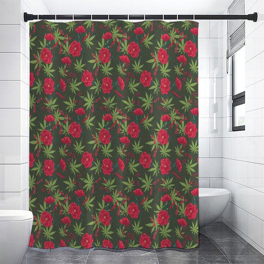 Hemp Leaves And Flowers Pattern Print Shower Curtain