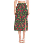 Hemp Leaves And Flowers Pattern Print Side Slit Midi Skirt