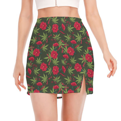 Hemp Leaves And Flowers Pattern Print Side Slit Mini Skirt