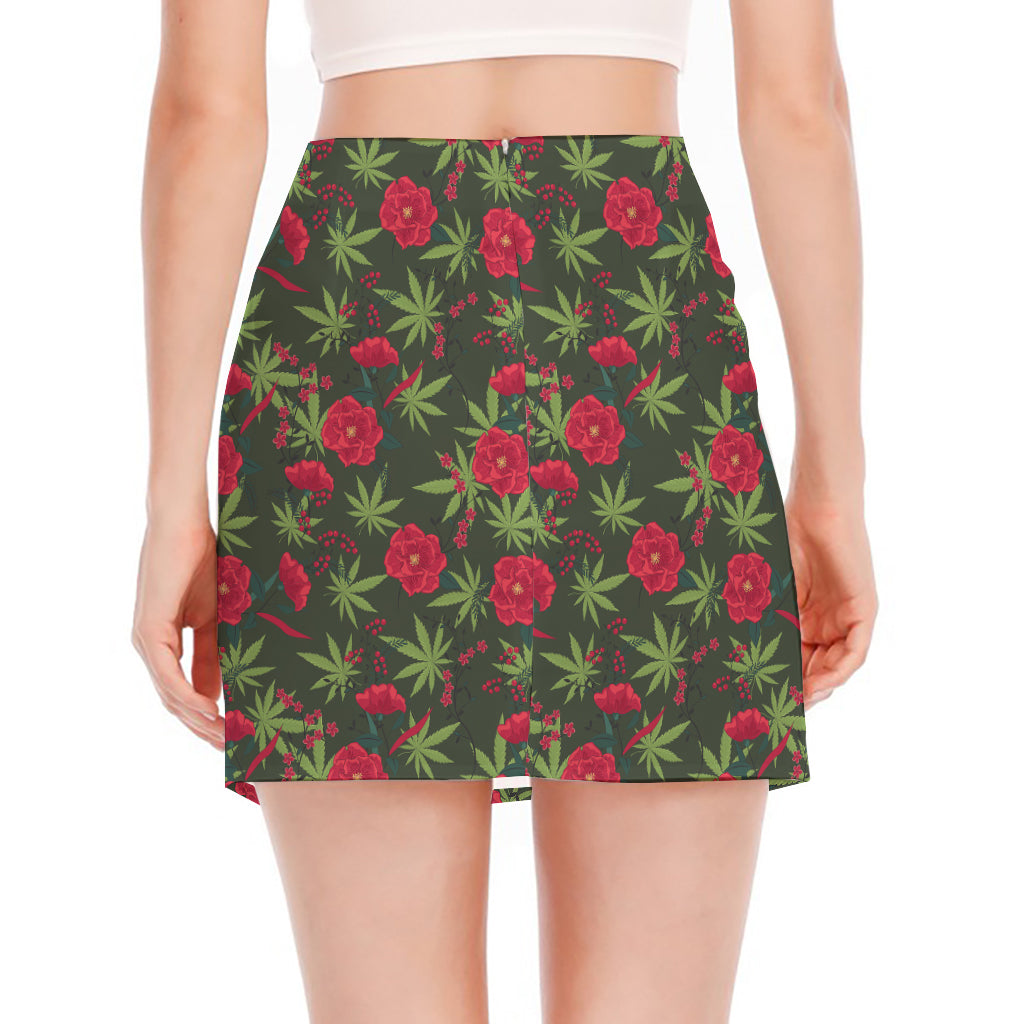 Hemp Leaves And Flowers Pattern Print Side Slit Mini Skirt