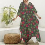 Hemp Leaves And Flowers Pattern Print Silk V-Neck Kaftan Dress
