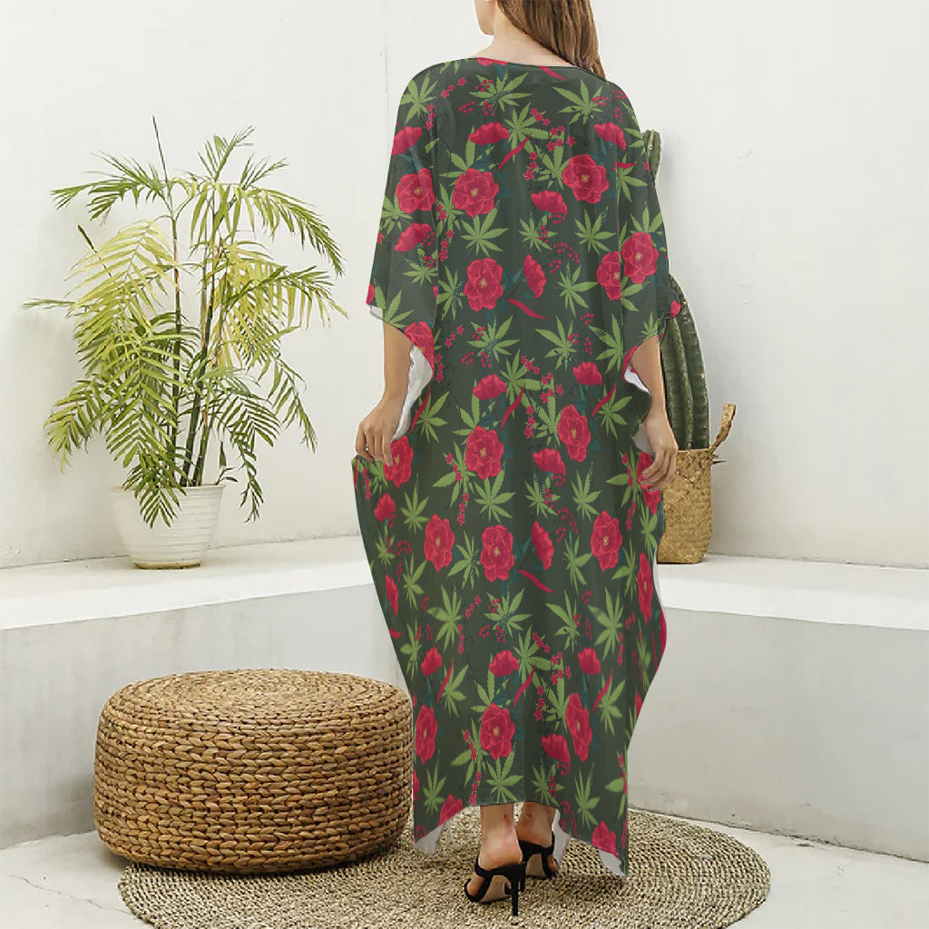 Hemp Leaves And Flowers Pattern Print Silk V-Neck Kaftan Dress