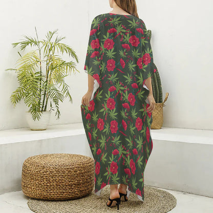 Hemp Leaves And Flowers Pattern Print Silk V-Neck Kaftan Dress