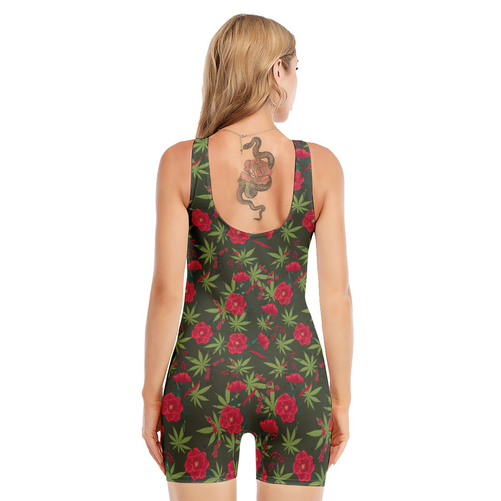 Hemp Leaves And Flowers Pattern Print Sleeveless One Piece Swimsuit