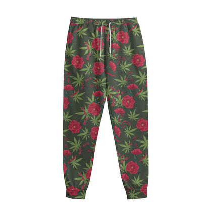 Hemp Leaves And Flowers Pattern Print Sweatpants