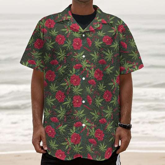 Hemp Leaves And Flowers Pattern Print Textured Short Sleeve Shirt
