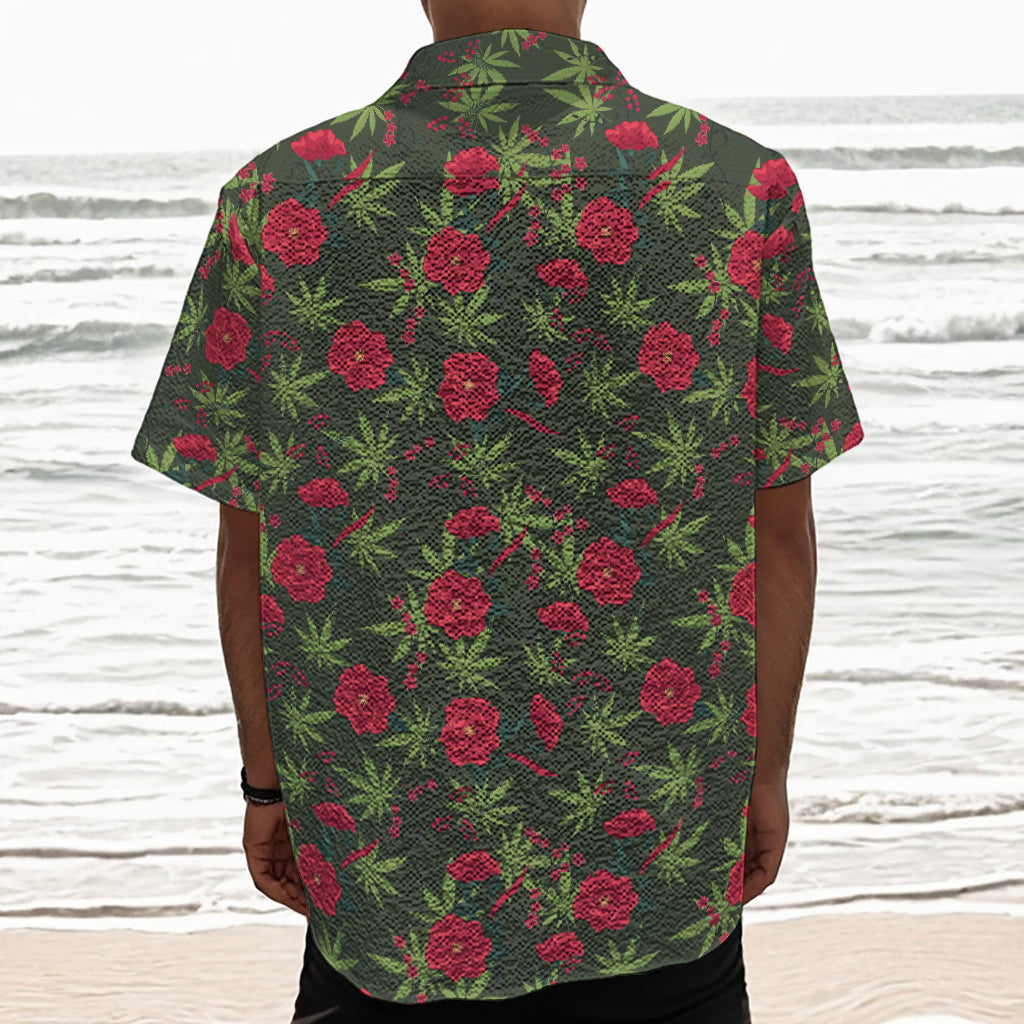 Hemp Leaves And Flowers Pattern Print Textured Short Sleeve Shirt