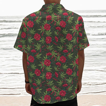 Hemp Leaves And Flowers Pattern Print Textured Short Sleeve Shirt