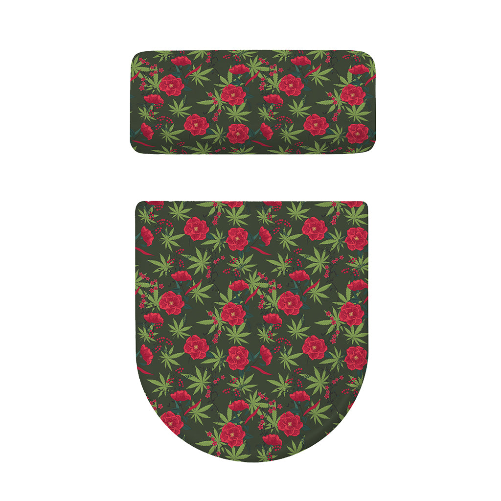 Hemp Leaves And Flowers Pattern Print Toilet Lid And Tank Cover Set