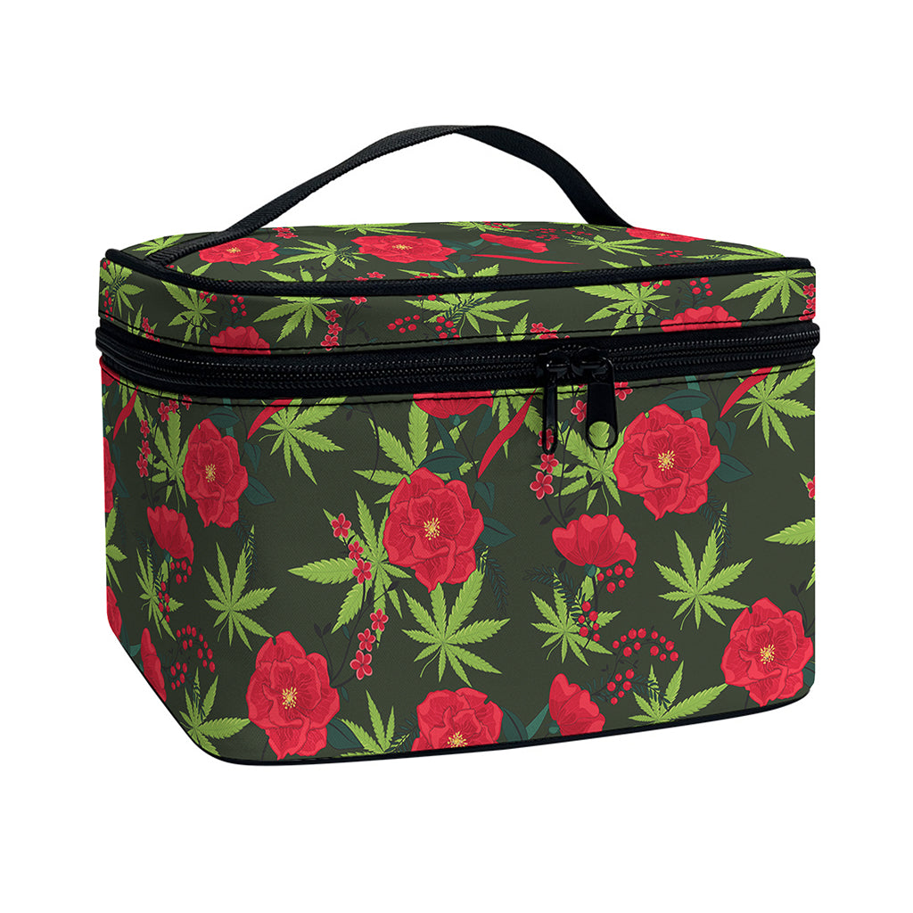 Hemp Leaves And Flowers Pattern Print Travel Makeup Bag