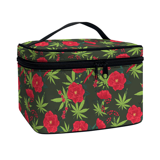Hemp Leaves And Flowers Pattern Print Travel Makeup Bag
